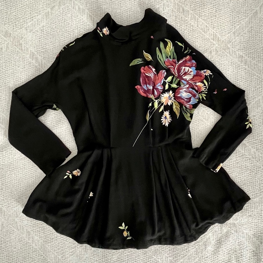 Free People Long Sleeve Black Floral Tunic
